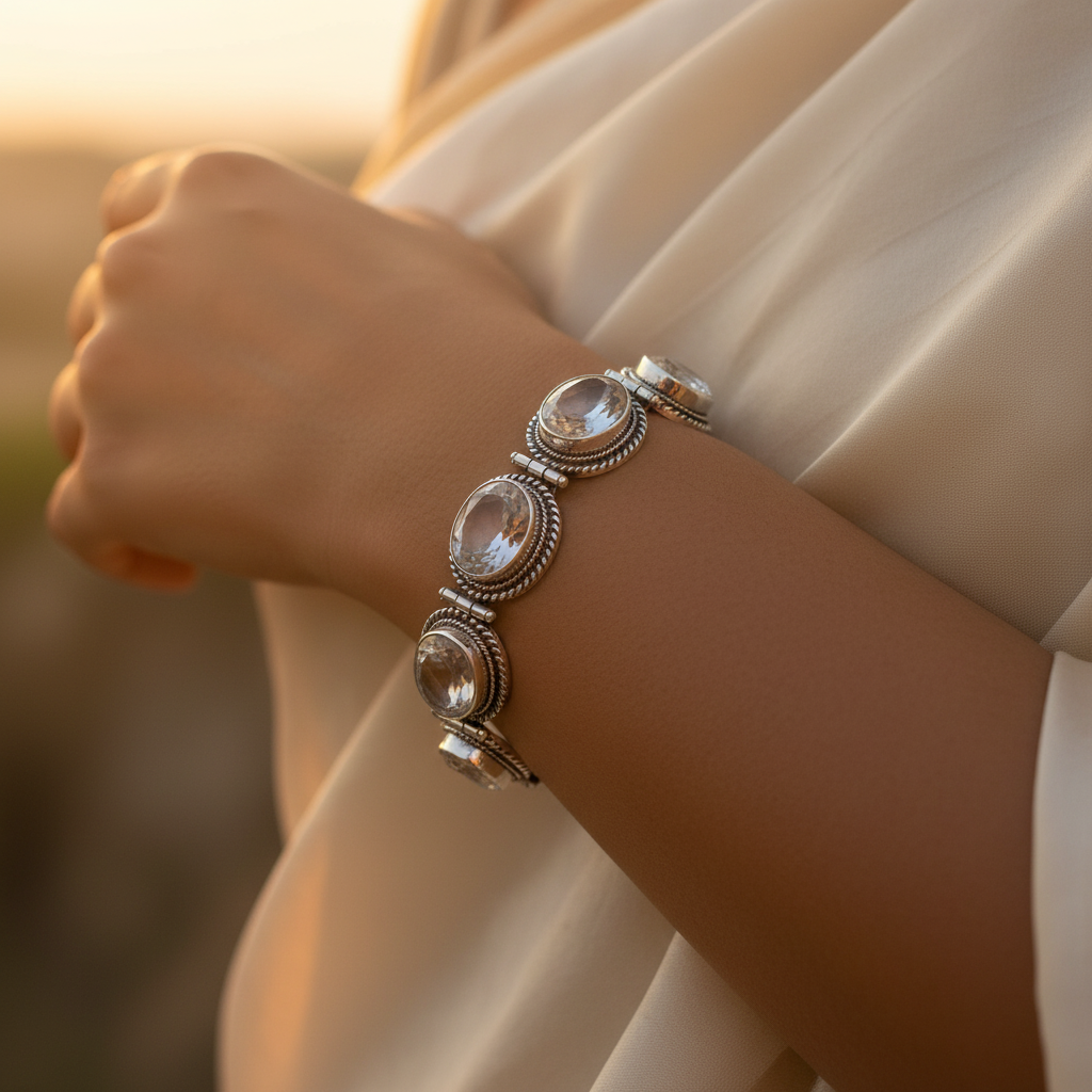 925 Silver Quartz Bracelet for Women | Oval Gemstone Jewelry