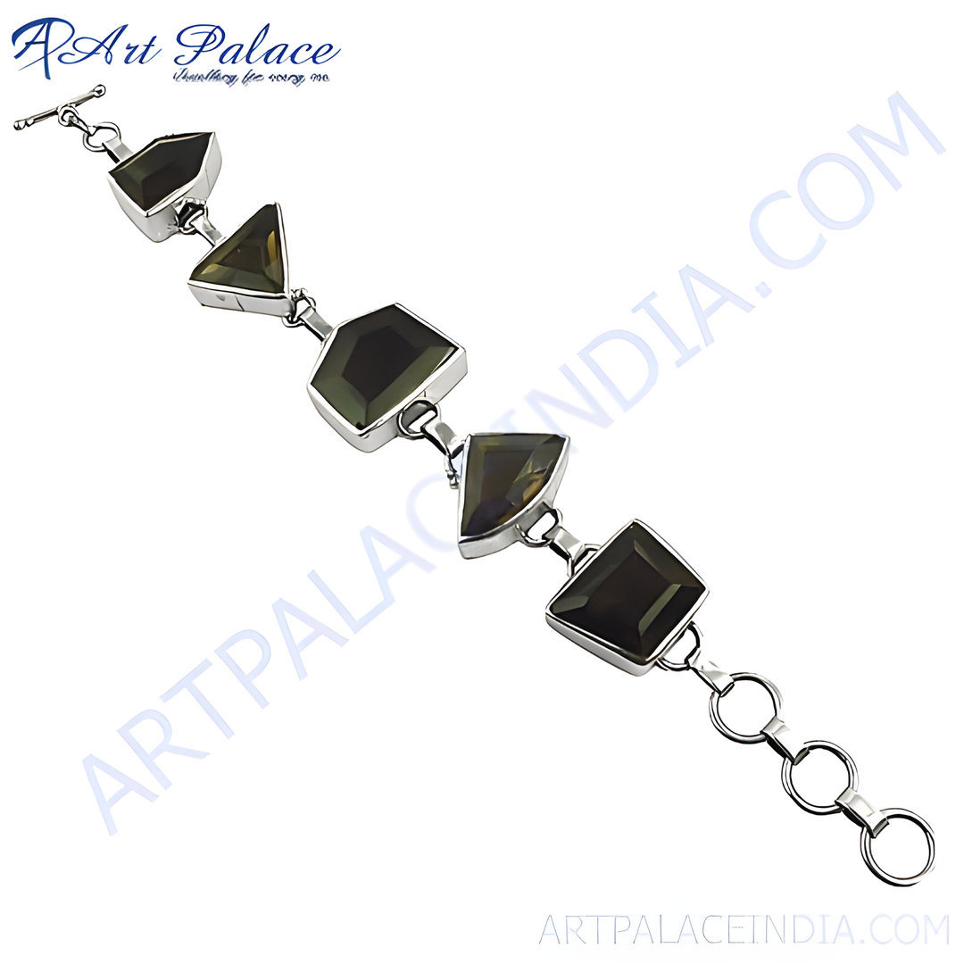 Sterling silver bracelet featuring geometric Smoky Quartz gemstones. A unique and stylish piece for women.