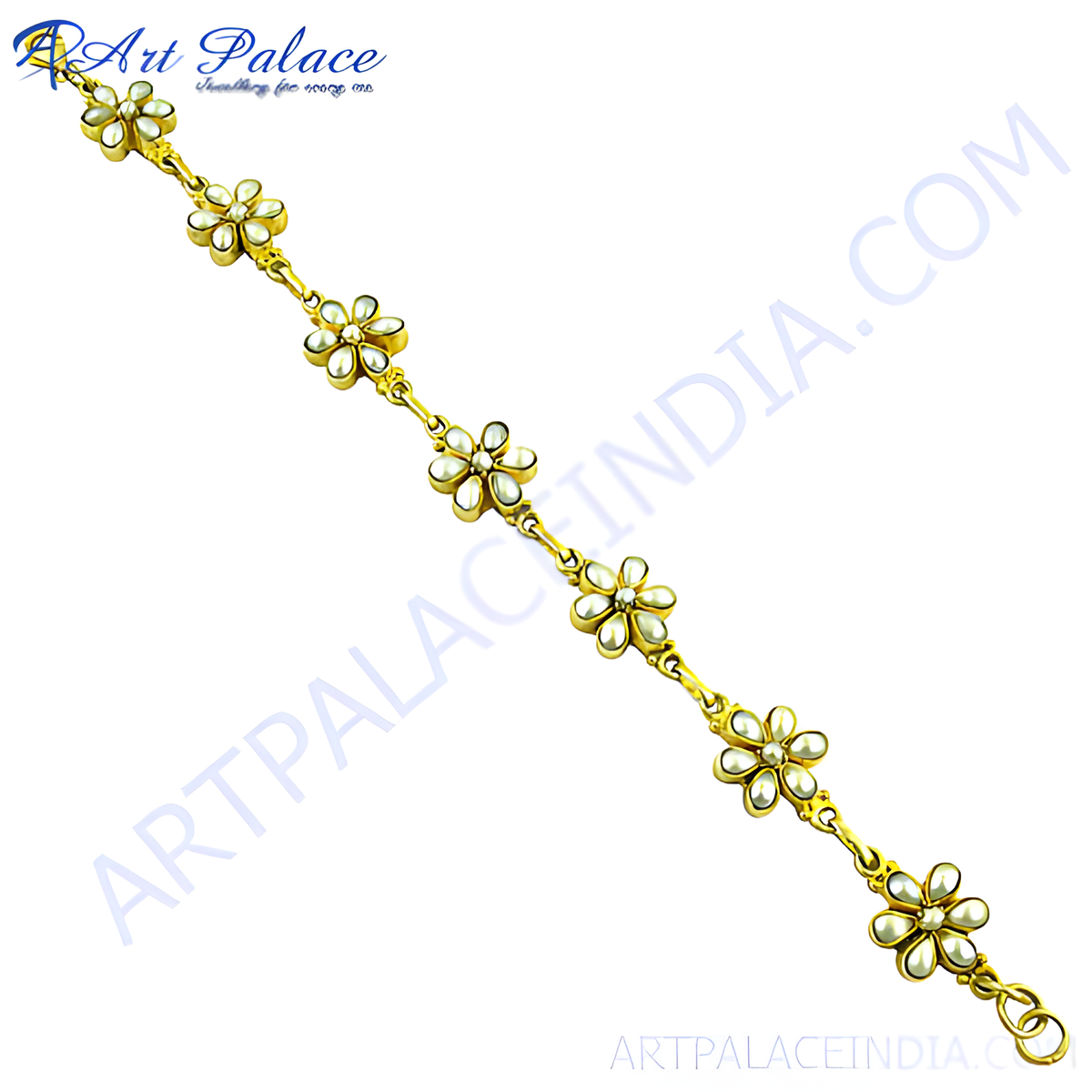 Gold plating chain bracelet with flower shaped design and white pearls, elegant women's jewelry