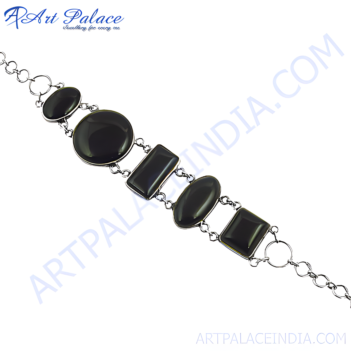 Sterling silver chain bracelet with oval, rectangle and round black onyx gemstones