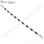 Load image into Gallery viewer, 925 sterling silver chain bracelet with rectangular tiger eye gemstones. Brown and silver jewelry for women.
