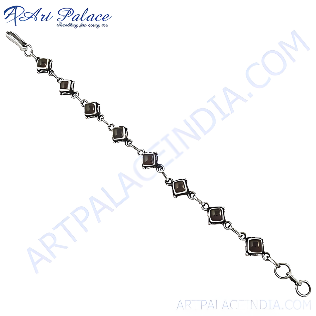 Sterling silver chain bracelet with square smoky quartz gemstones, ideal for women's daily wear.