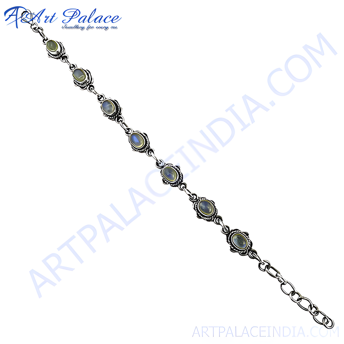 Sterling silver moonstone bracelet featuring oval shaped gemstones linked by silver chain links