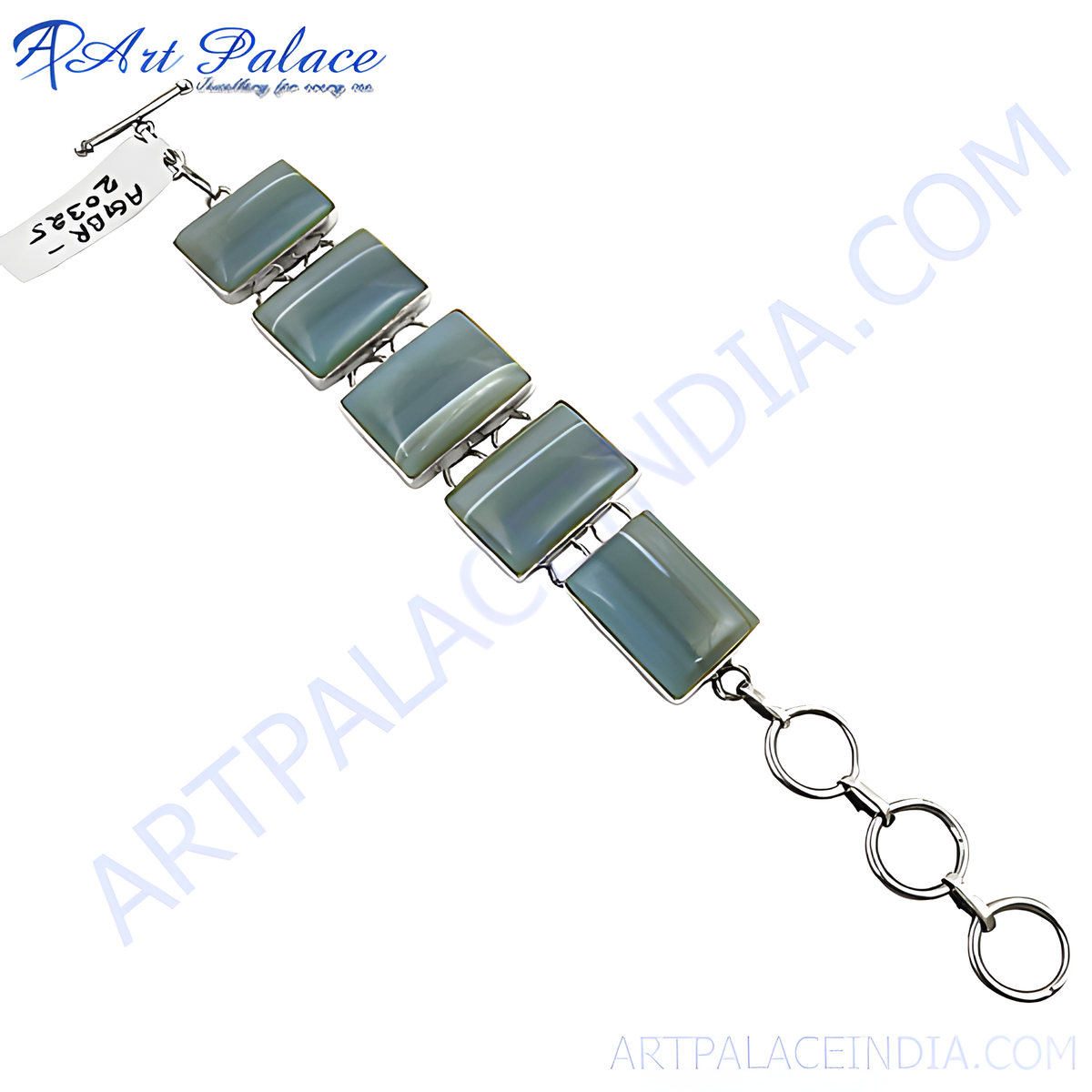 Silver agate stone bracelet featuring rectangular gray green gemstones for women