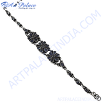 Load image into Gallery viewer, 925 sterling silver flower bracelet with dark blue gemstone accents, elegant jewelry for women.
