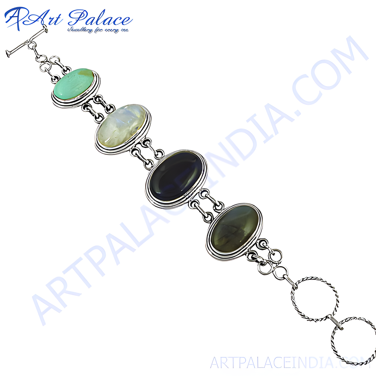 Sterling silver bracelet featuring multiple gemstones in oval settings, suitable for women