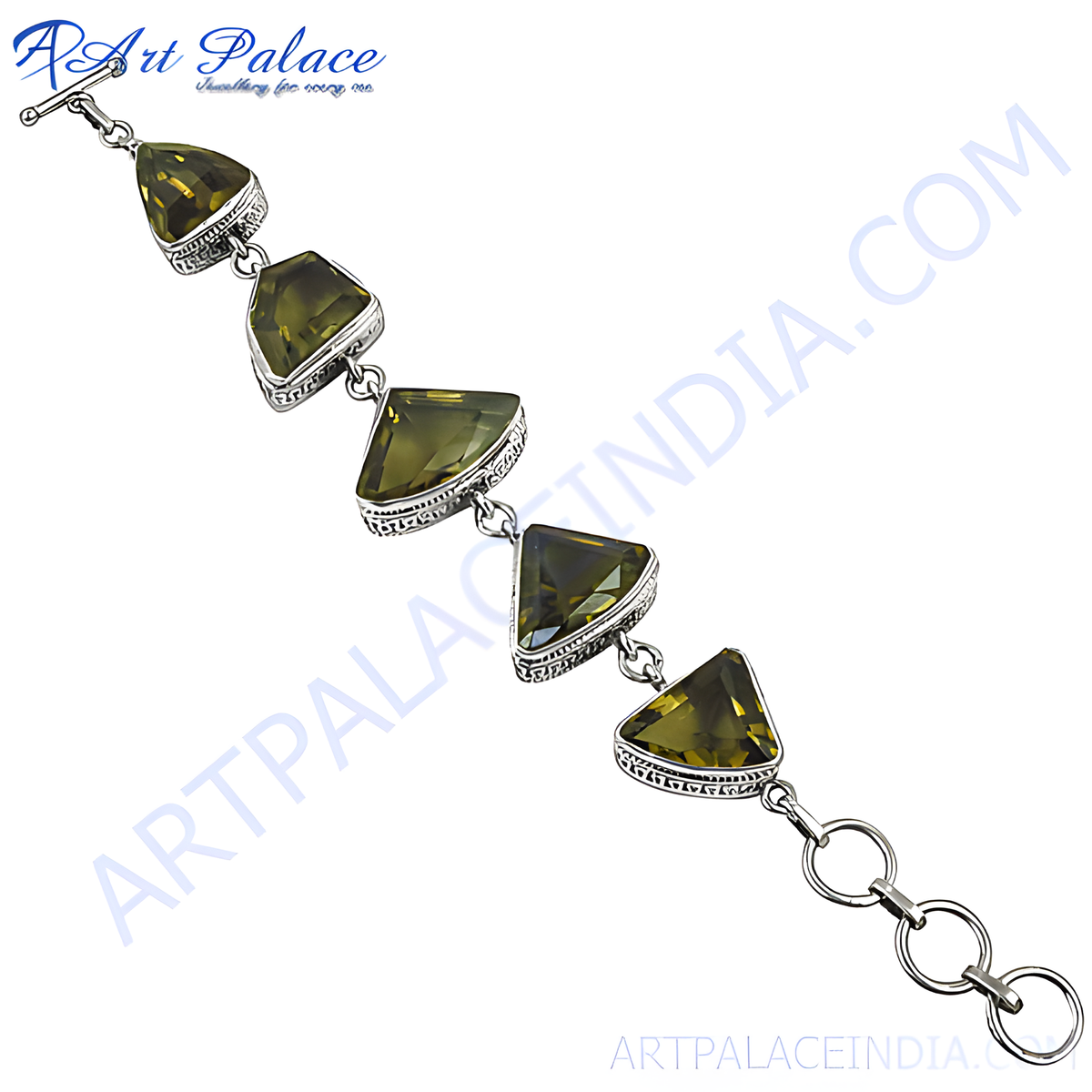 925 sterling silver bracelet with triangular citrine gemstones, silver chain, and clasp