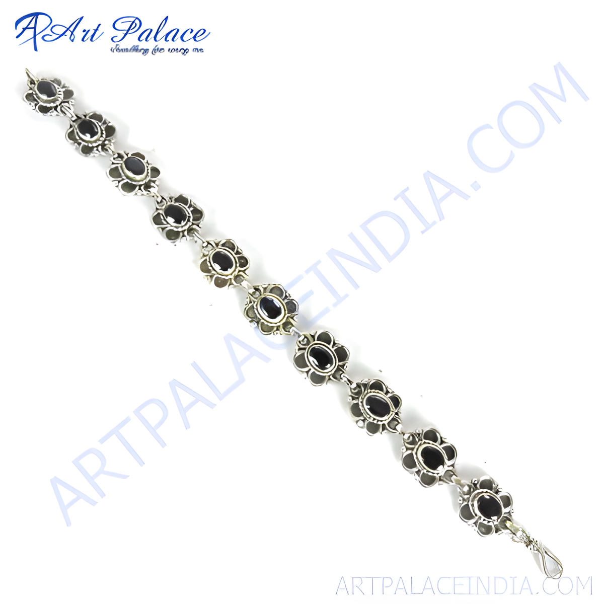925 sterling silver black onyx floral design chain bracelet
