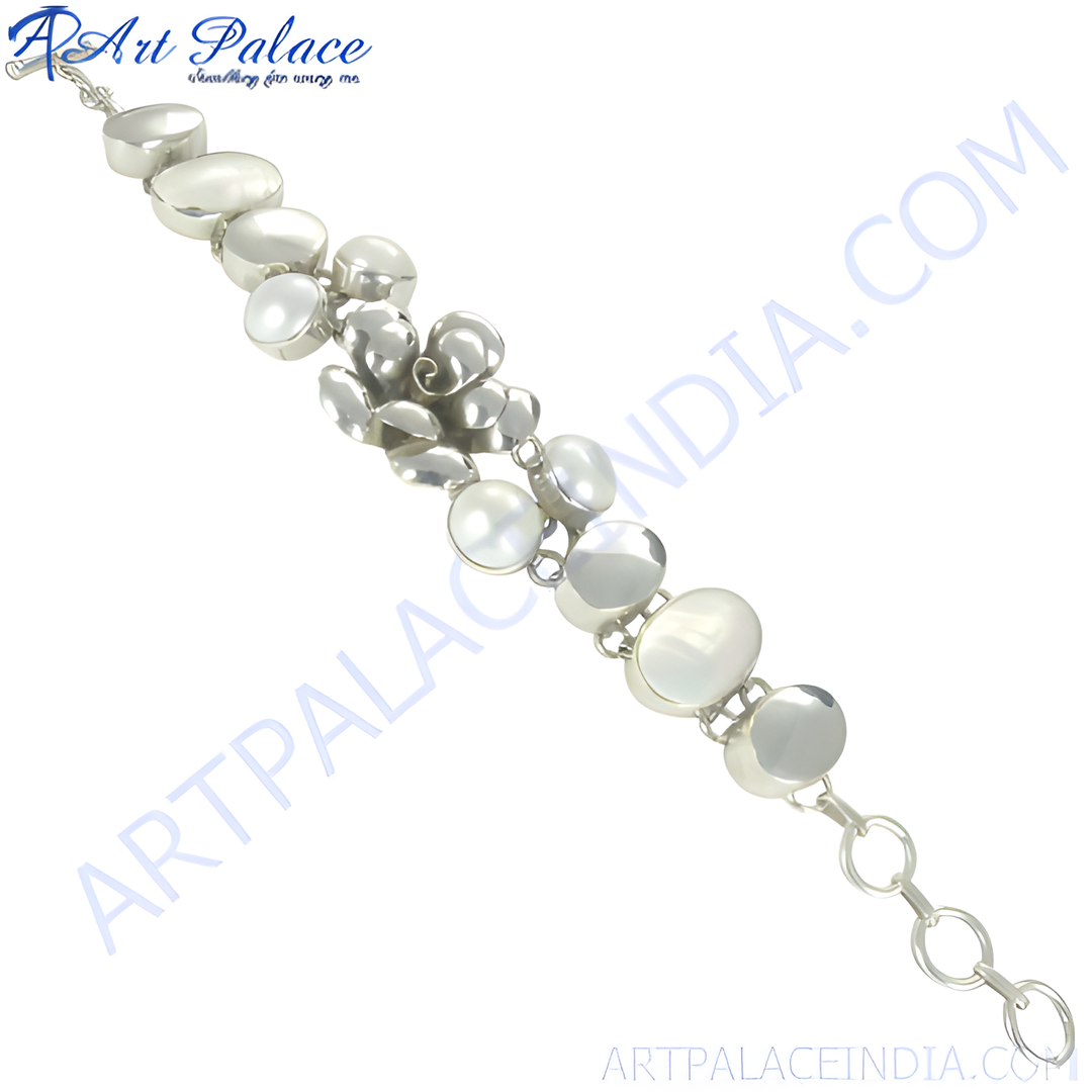 Sterling silver chain bracelet with round and oval mother of pearl gemstones, white and silver