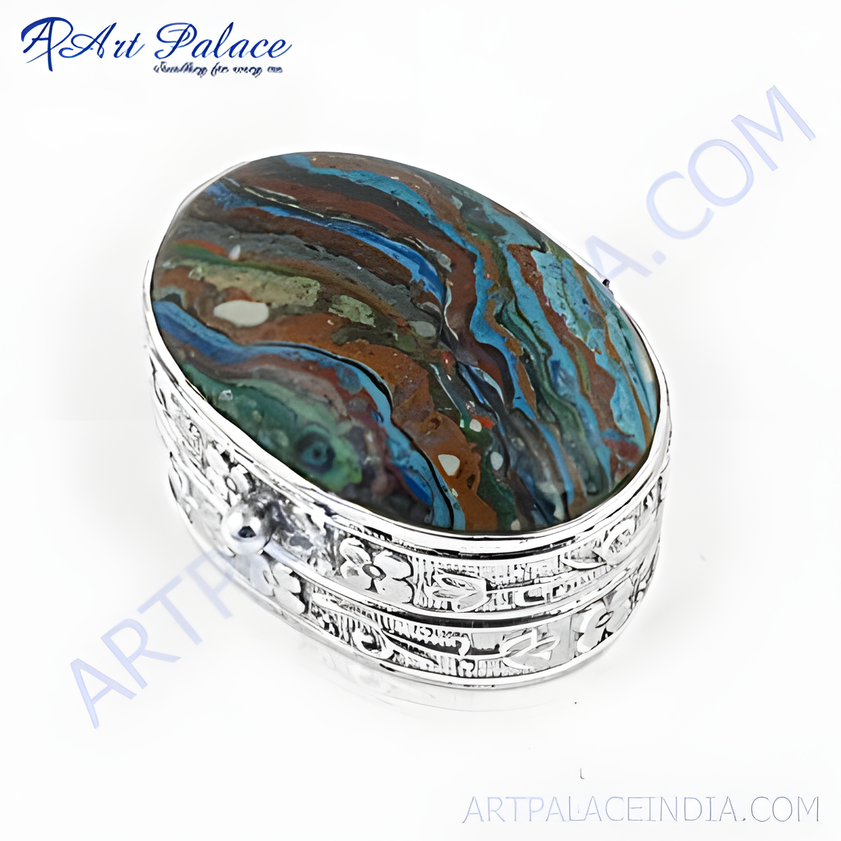 Oval silver pill box with a colorful, patterned gemstone top