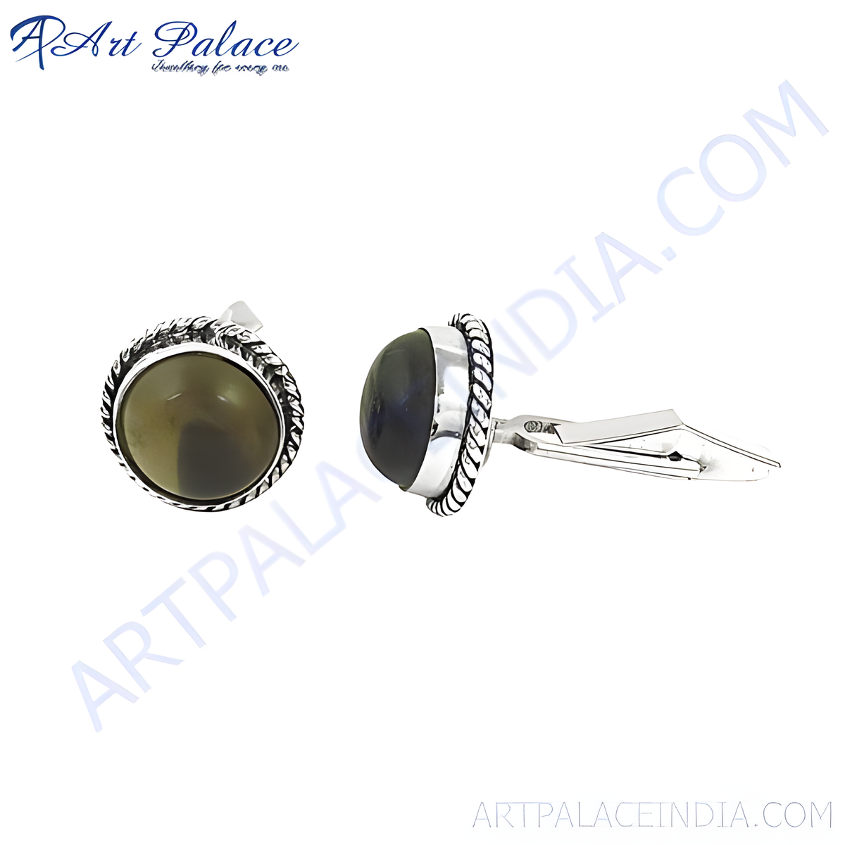 Silver cufflinks with a round gemstone center, perfect for formal wear