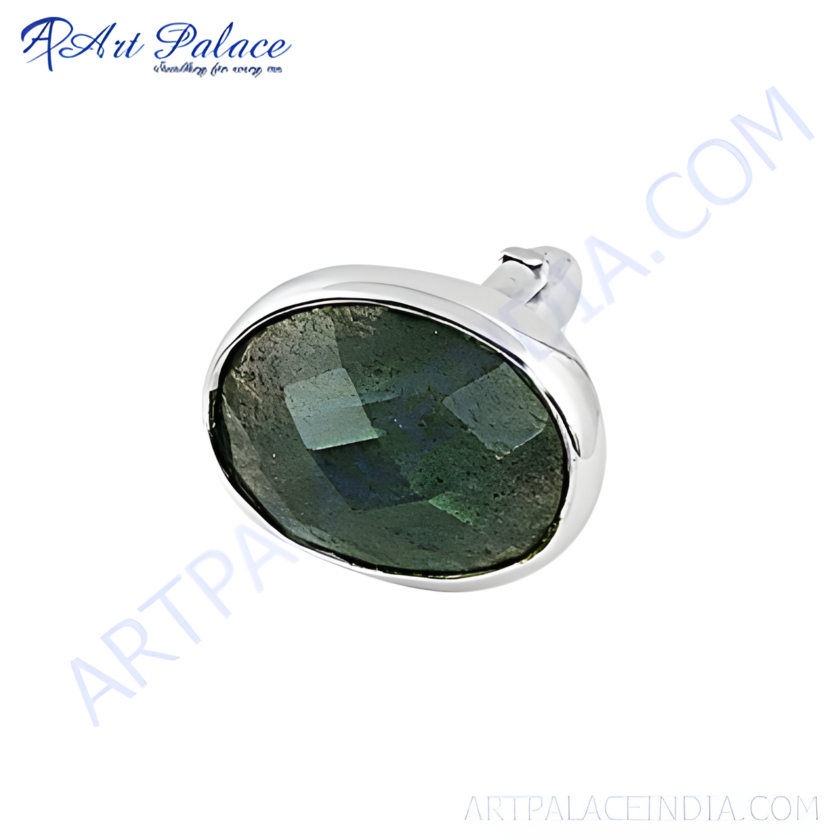 Silver cufflinks with oval shaped green labradorite gemstone