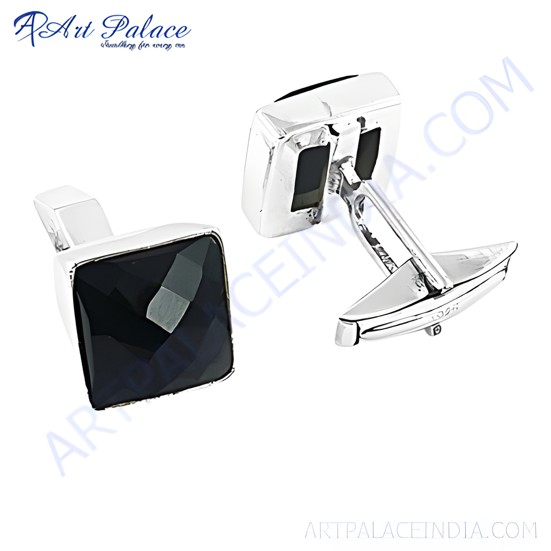 Silver cufflinks with square black onyx gemstones, perfect for men's formal wear.