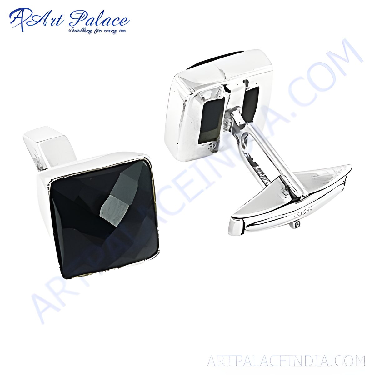 Silver cufflinks with square black onyx gemstones, perfect for men's formal wear