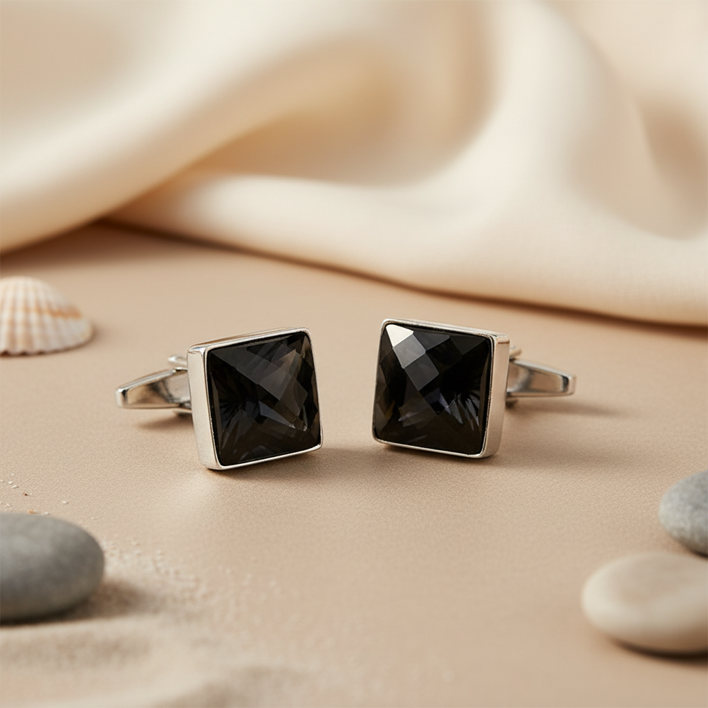 Silver Onyx Cufflinks for Men | Square Gemstone | Gift