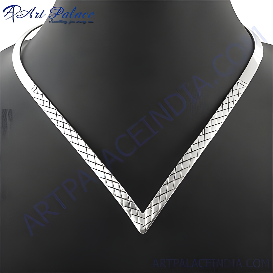 Silver v-shaped collar necklace on a black mannequin, geometric design jewelry