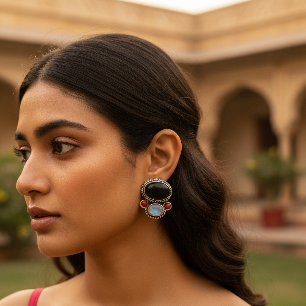 925 silver onyx & moonstone earrings for women | gemstone jewelry