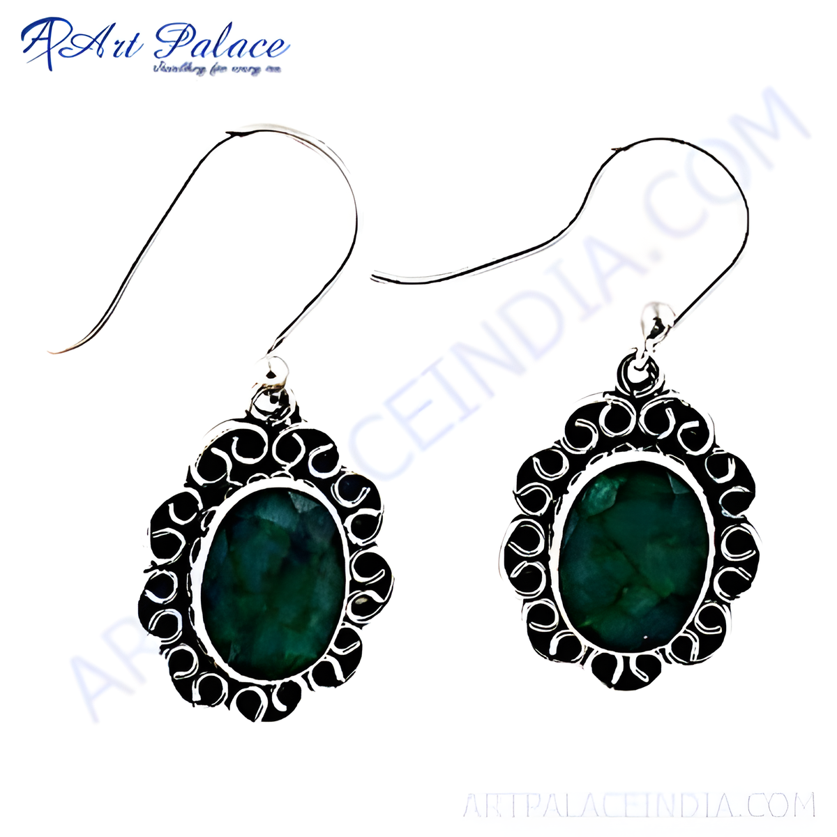 Sterling silver dangle earrings with oval emerald gemstones