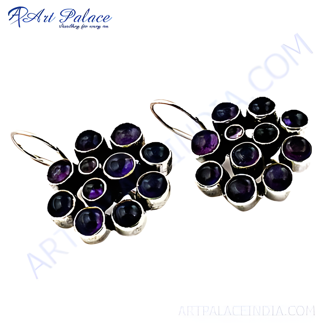 925 sterling silver dangle earrings with round purple amethyst gemstones, perfect for women.