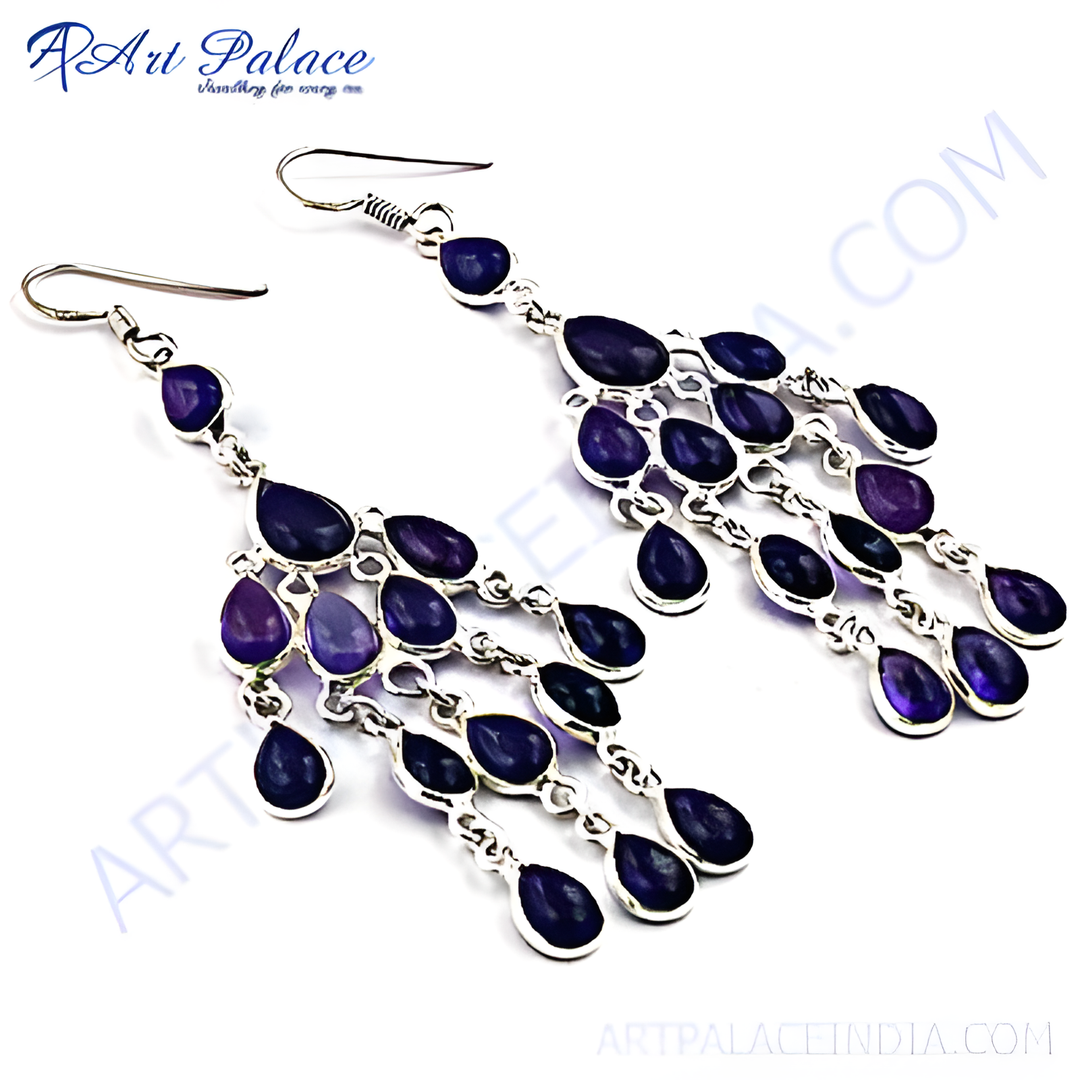 925 sterling silver amethyst chandelier earrings, featuring teardrop-shaped purple gemstones.