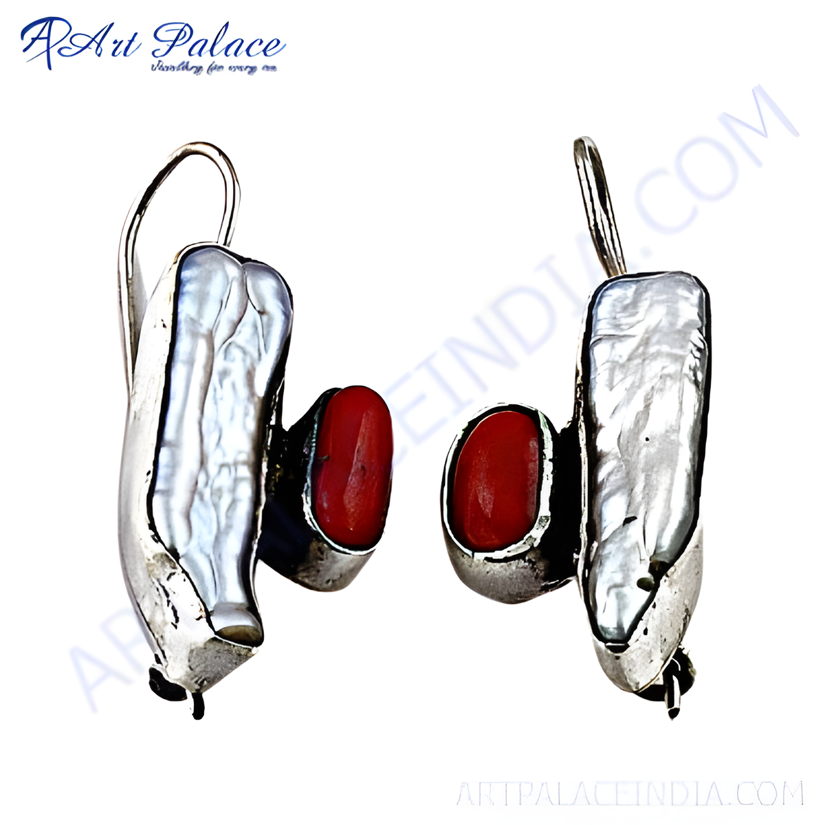 Sterling silver drop earrings with white pearls and oval red coral gemstones