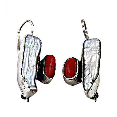 Silver Pearl & Red Coral Earrings for Women | Statement Jewelry