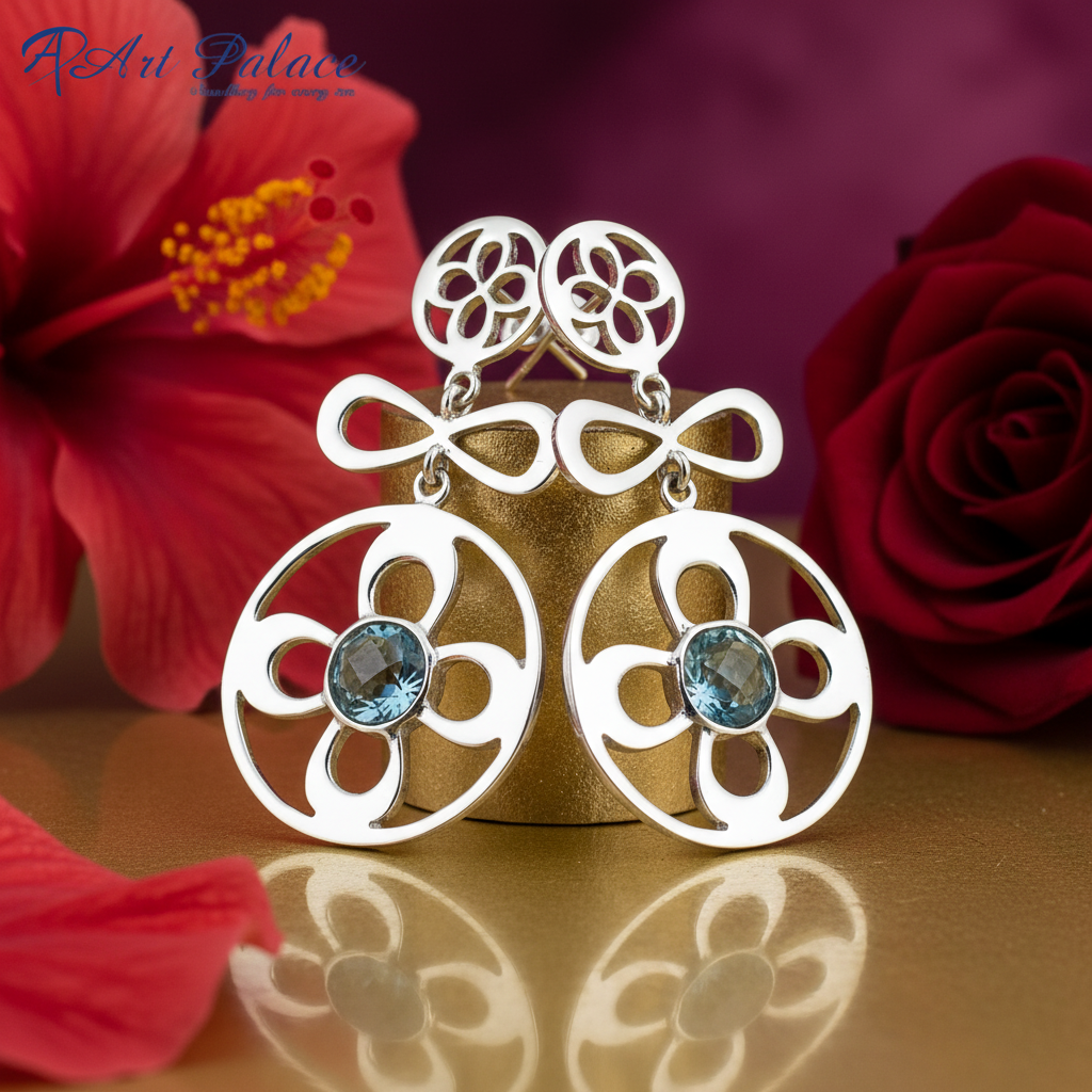 925 Silver Blue Topaz Earrings | Floral Design | Women's Jewelry