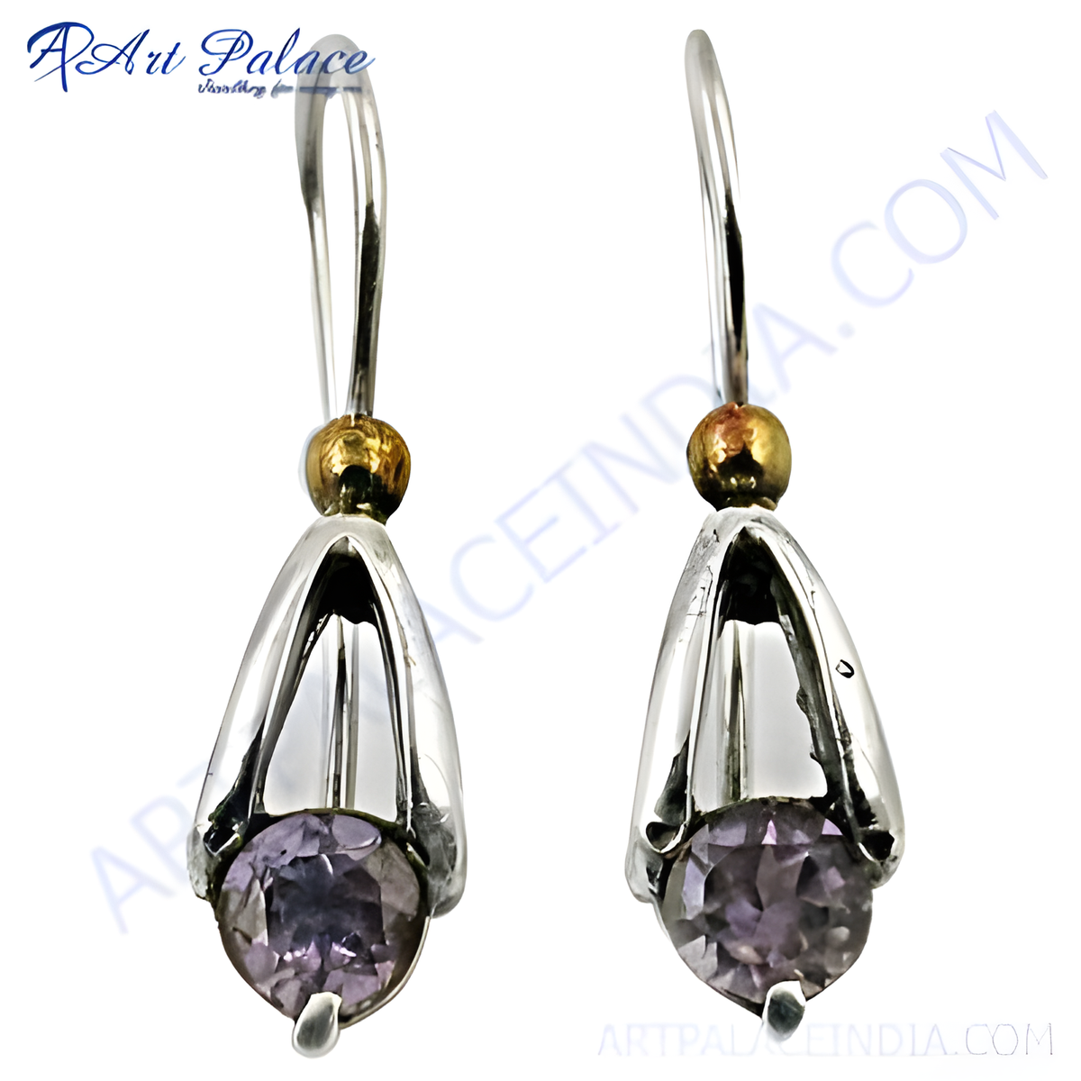 925 sterling silver drop earrings with round cut amethyst gemstones, featuring a gold plating accent