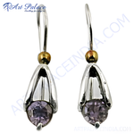 Load image into Gallery viewer, 925 sterling silver drop earrings with round-cut amethyst gemstones, featuring a gold plating accent
