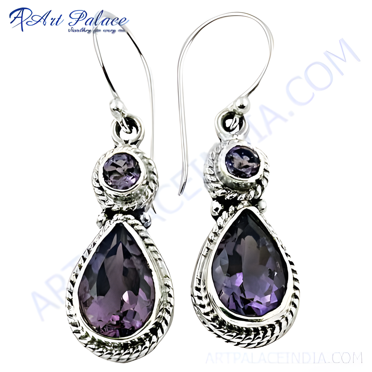 925 sterling silver drop earrings featuring pear shaped and round purple amethyst gemstones