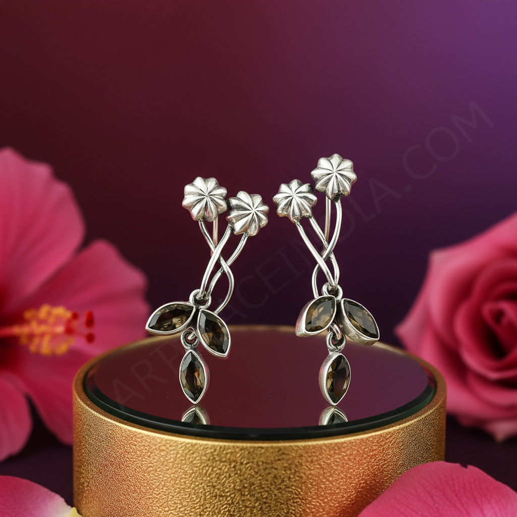925 Silver Smoky Quartz Flower Earrings for Women | Gift