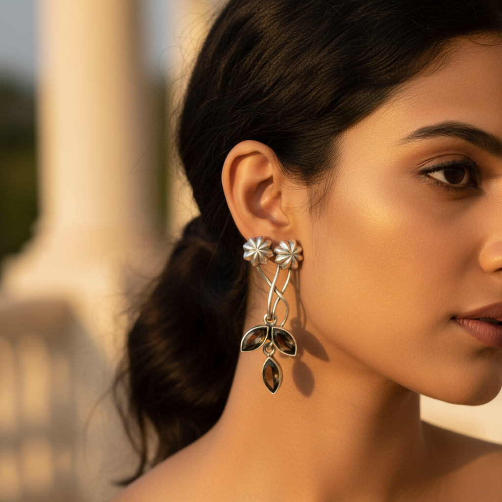 925 Silver Smoky Quartz Flower Earrings for Women | Gift