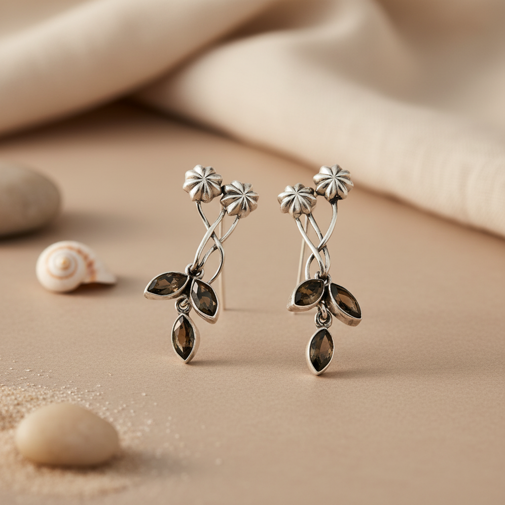 925 Silver Smoky Quartz Flower Earrings for Women | Gift