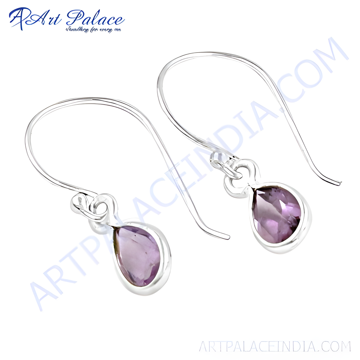 925 sterling silver drop earrings with pear shaped amethyst gemstones, purple color, dangle style