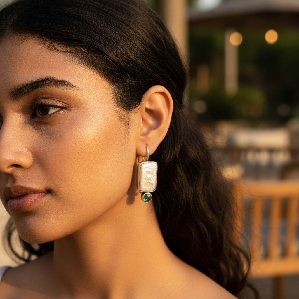 925 Silver Pearl & Emerald Earrings for Women | Dangle Earrings