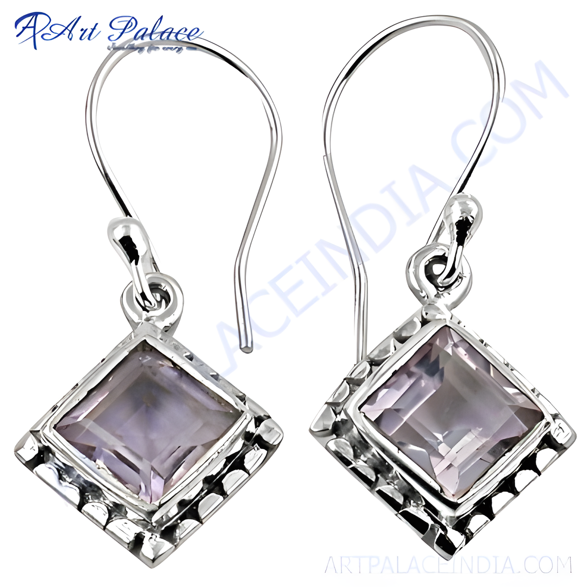 925 sterling silver drop earrings featuring square cut amethyst gemstones with a detailed silver setting