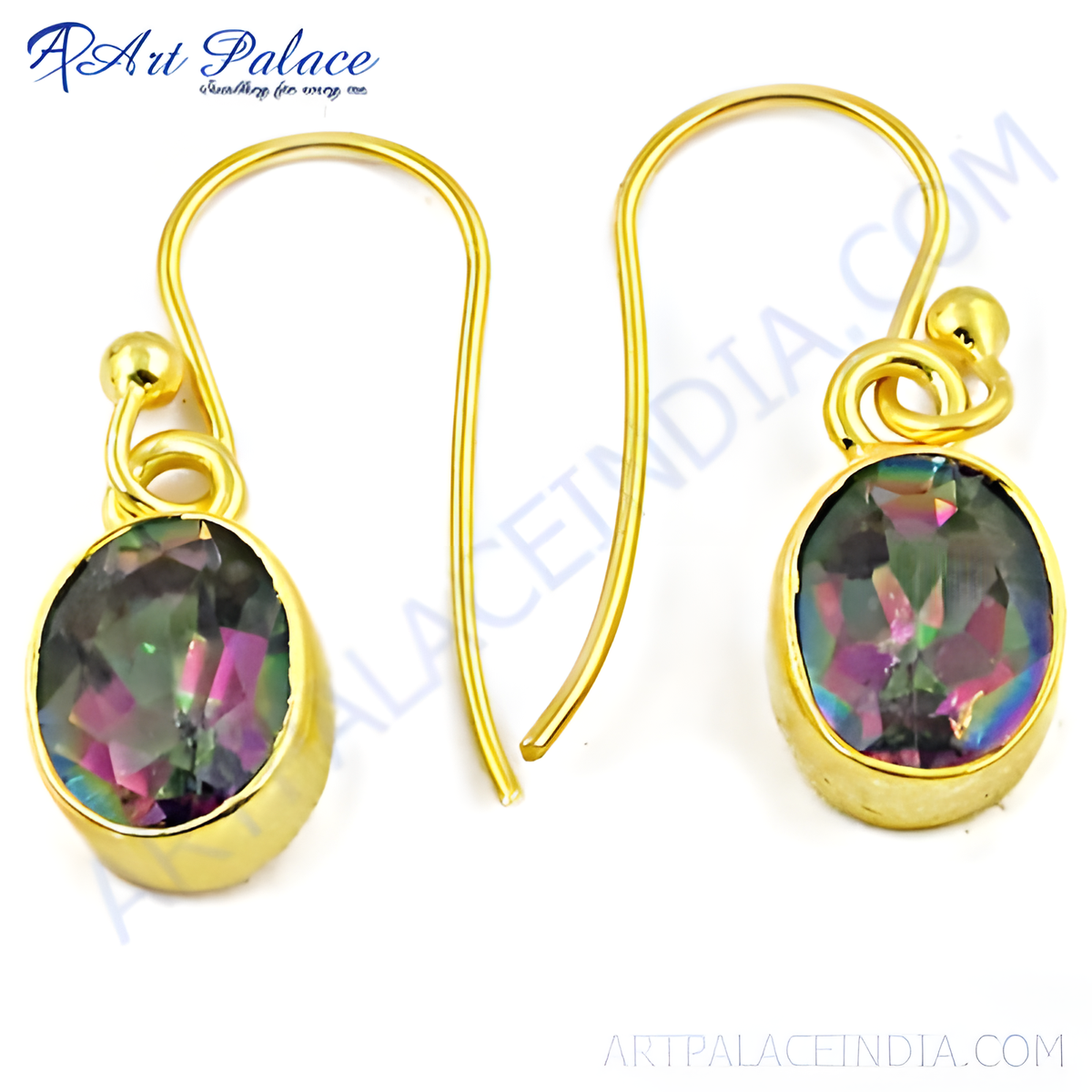 Gold plating dangle earrings featuring oval mystic topaz gemstones with iridescent colors