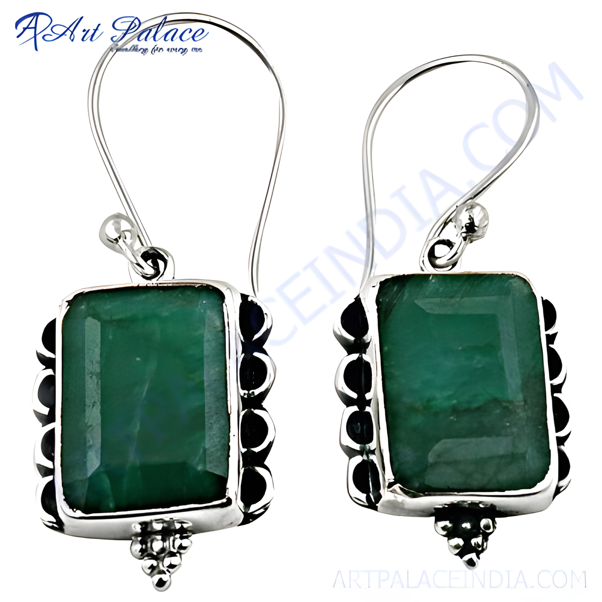 925 sterling silver dangle earrings with rectangular green emerald gemstones