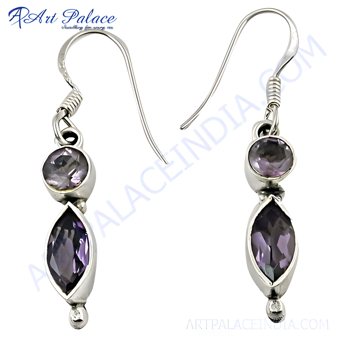 925 sterling silver drop earrings with marquise-cut and round amethyst gemstones in purple.