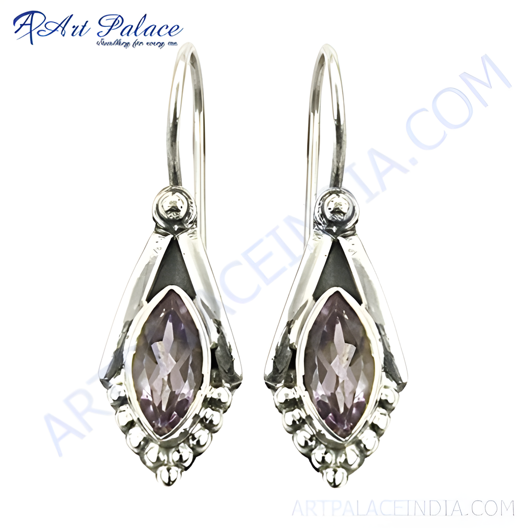 925 sterling silver drop earrings featuring oval-cut purple amethyst gemstones for women.