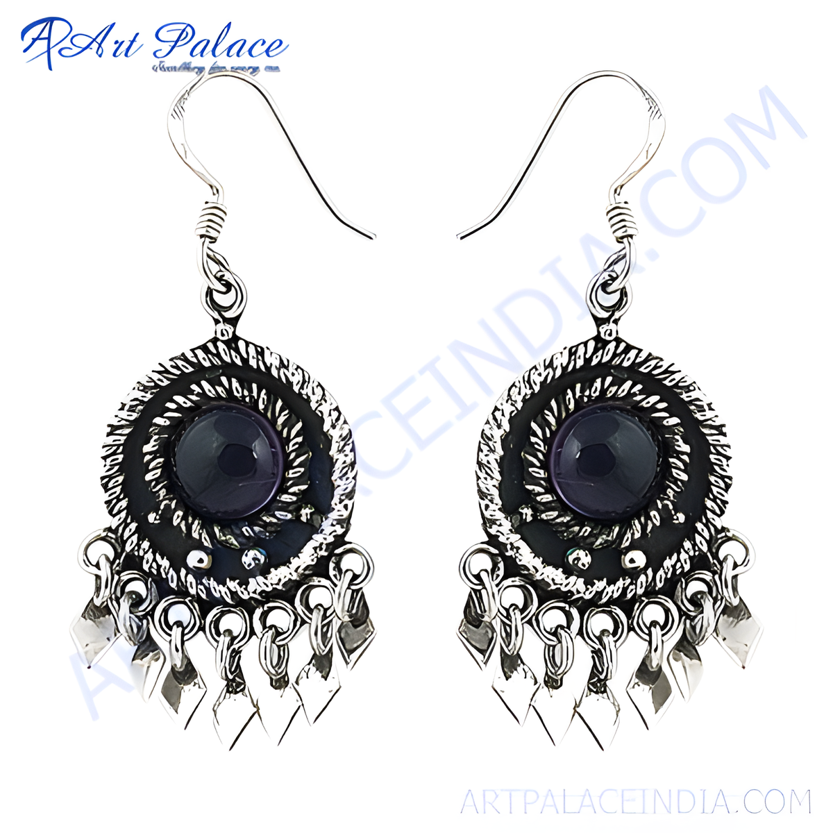 925 sterling silver dangle earrings with a purple amethyst gemstone center and intricate silver detailing