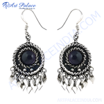 Load image into Gallery viewer, 925 sterling silver dangle earrings with a purple amethyst gemstone center and intricate silver detailing.
