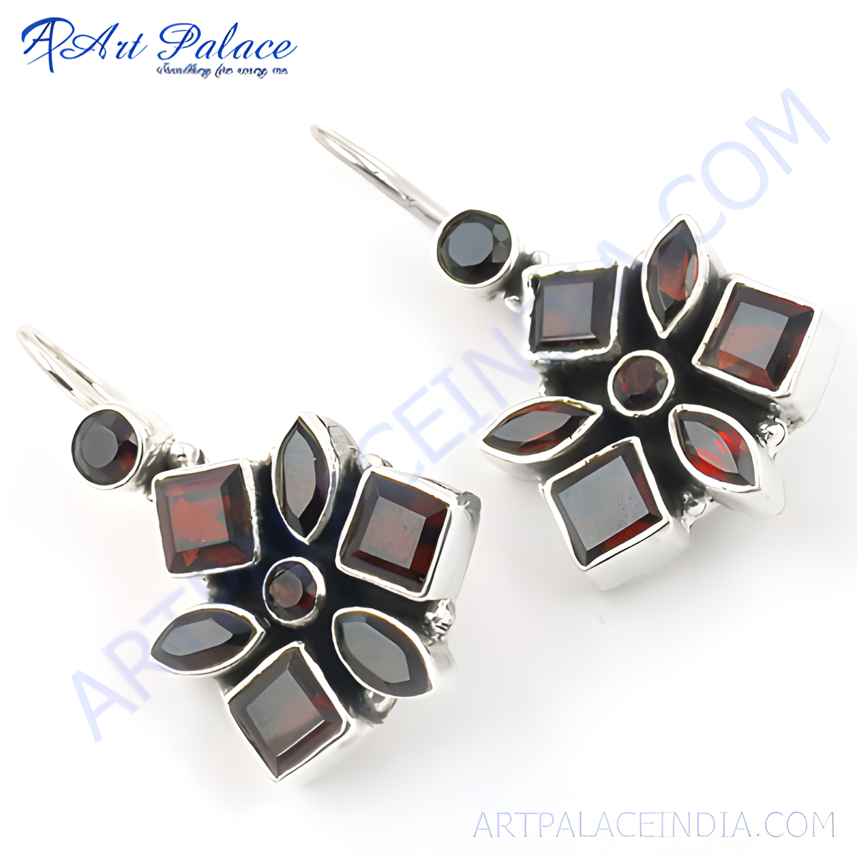 925 sterling silver dangle earrings with red garnet gemstones in a flower design