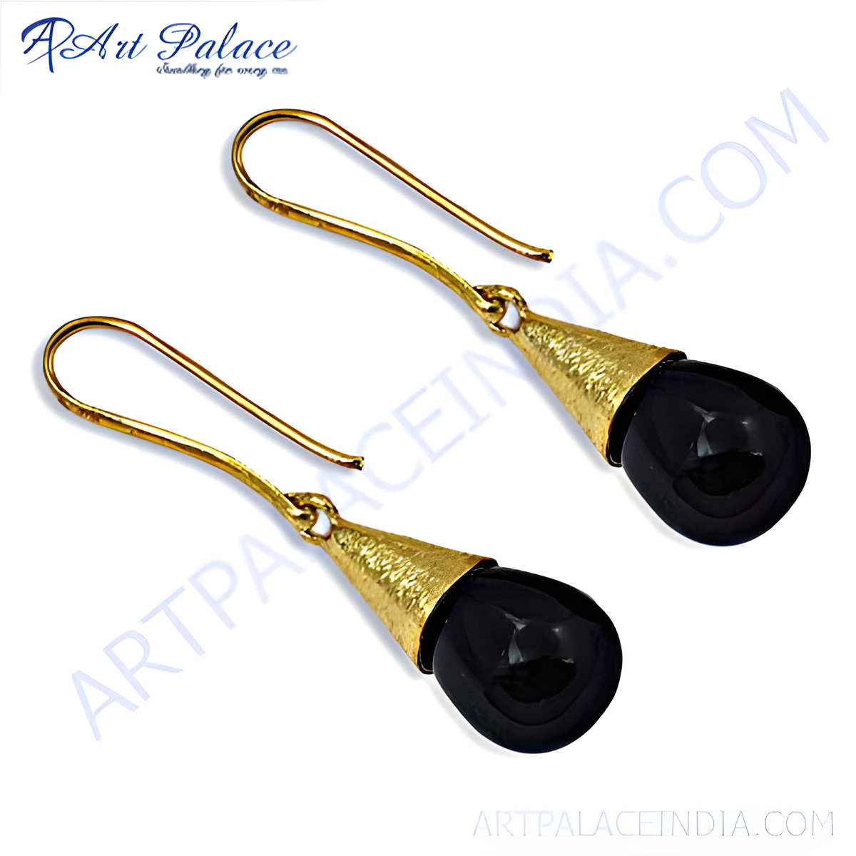 Gold plating teardrop drop earrings with black onyx gemstones, perfect for women