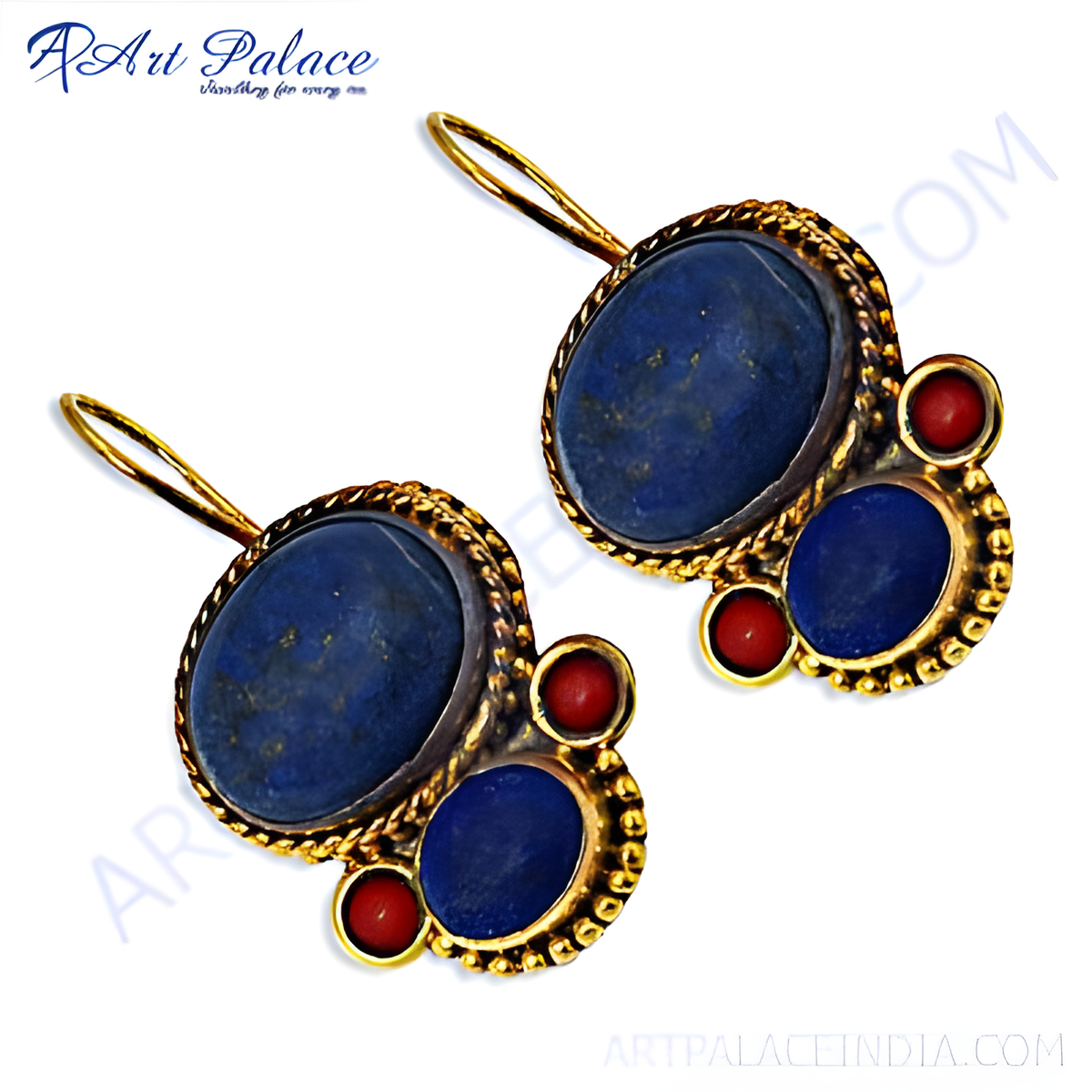 Gold plating tone drop earrings featuring oval lapis lazuli and coral gemstones