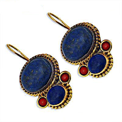 Lapis Lazuli & Coral Earrings | gold plating Tone Stone Drop Earrings