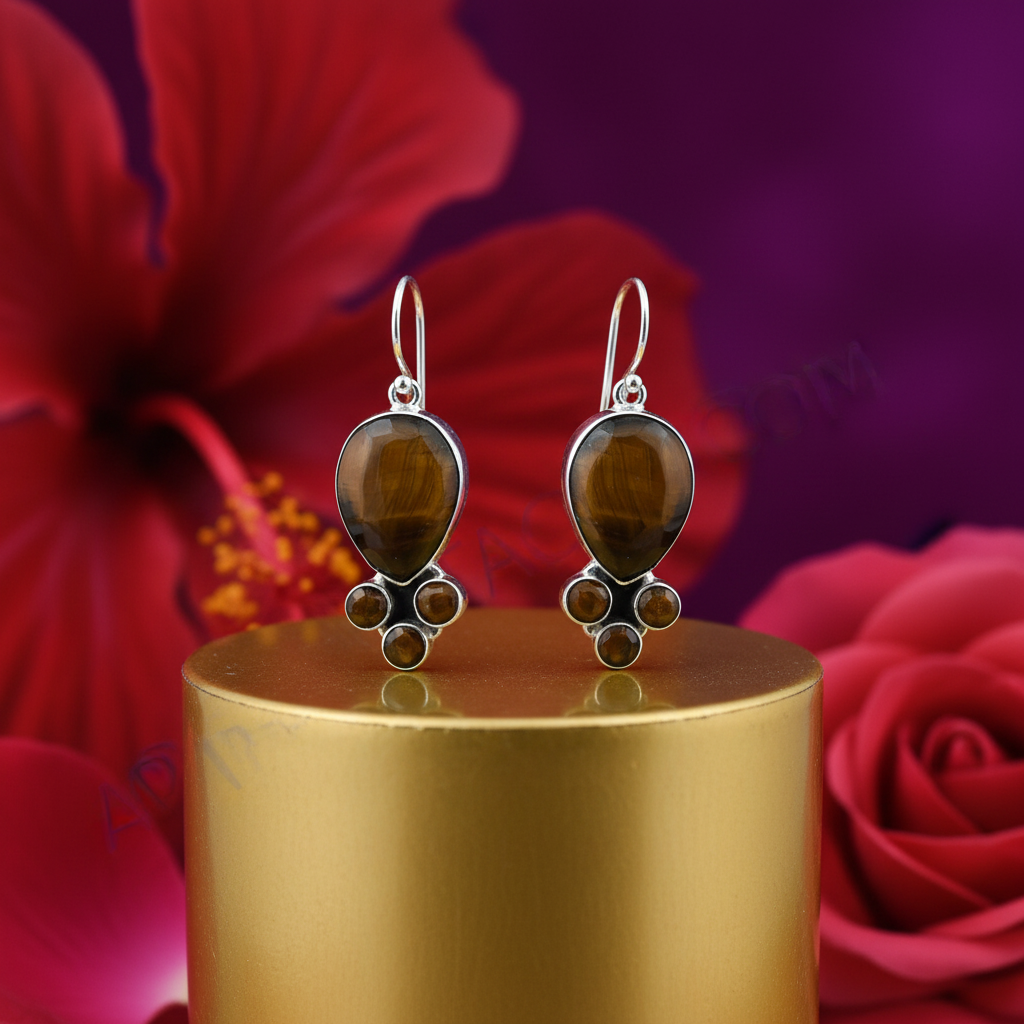 925 Silver Tiger Eye Drop Earrings for Women | Gemstone Jewelry