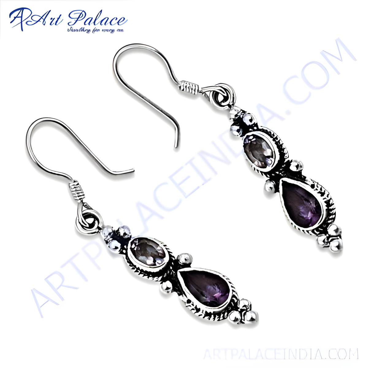 925 sterling silver drop earrings with oval and teardrop shaped purple amethyst gemstones