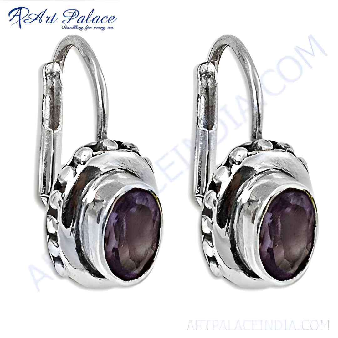925 sterling silver leverback earrings with oval-cut purple amethyst gemstones