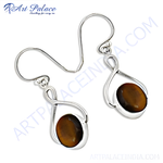 Load image into Gallery viewer, Sterling silver dangle earrings with teardrop design and a brown gemstone.
